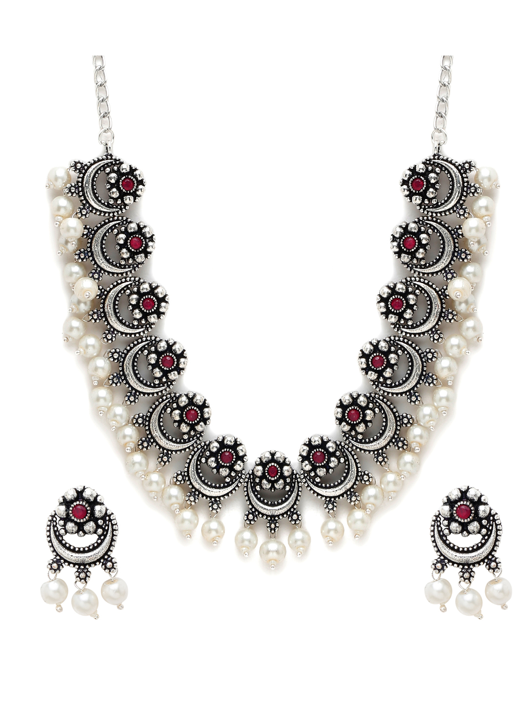 YouBella Jewellery Oxidised Silver Necklace Jewellery Set with Earrings for Girls and Women (Silver) (YBNK_50526)